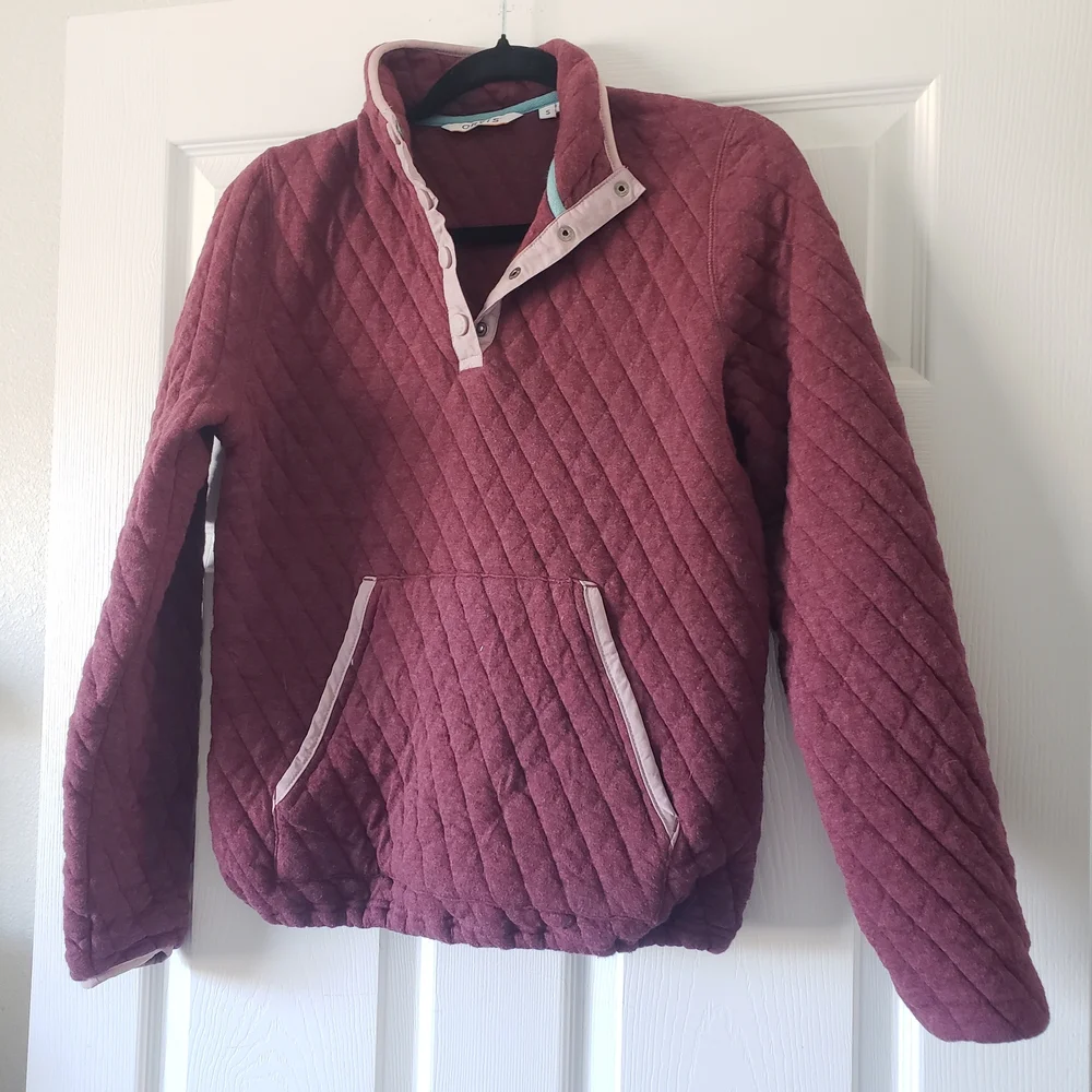Orvis Maroon Quilted Pullover Sweater Jacket Pink Trim 100% Cotton Pockets #75 - Picture 2 of 8